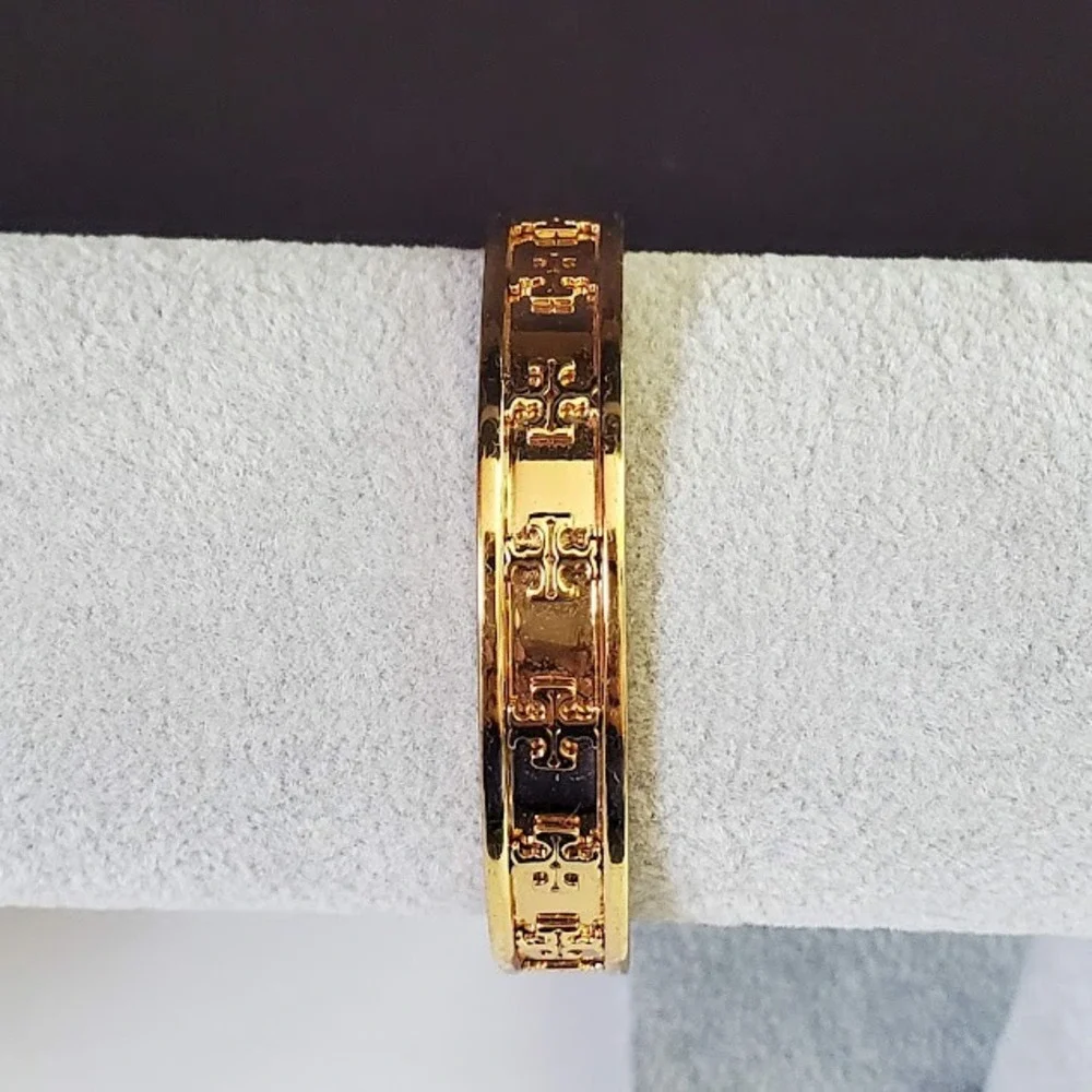 TORY BURCH Raised Logo Cuff Bracelet Gold Tone Double T Designer Classic